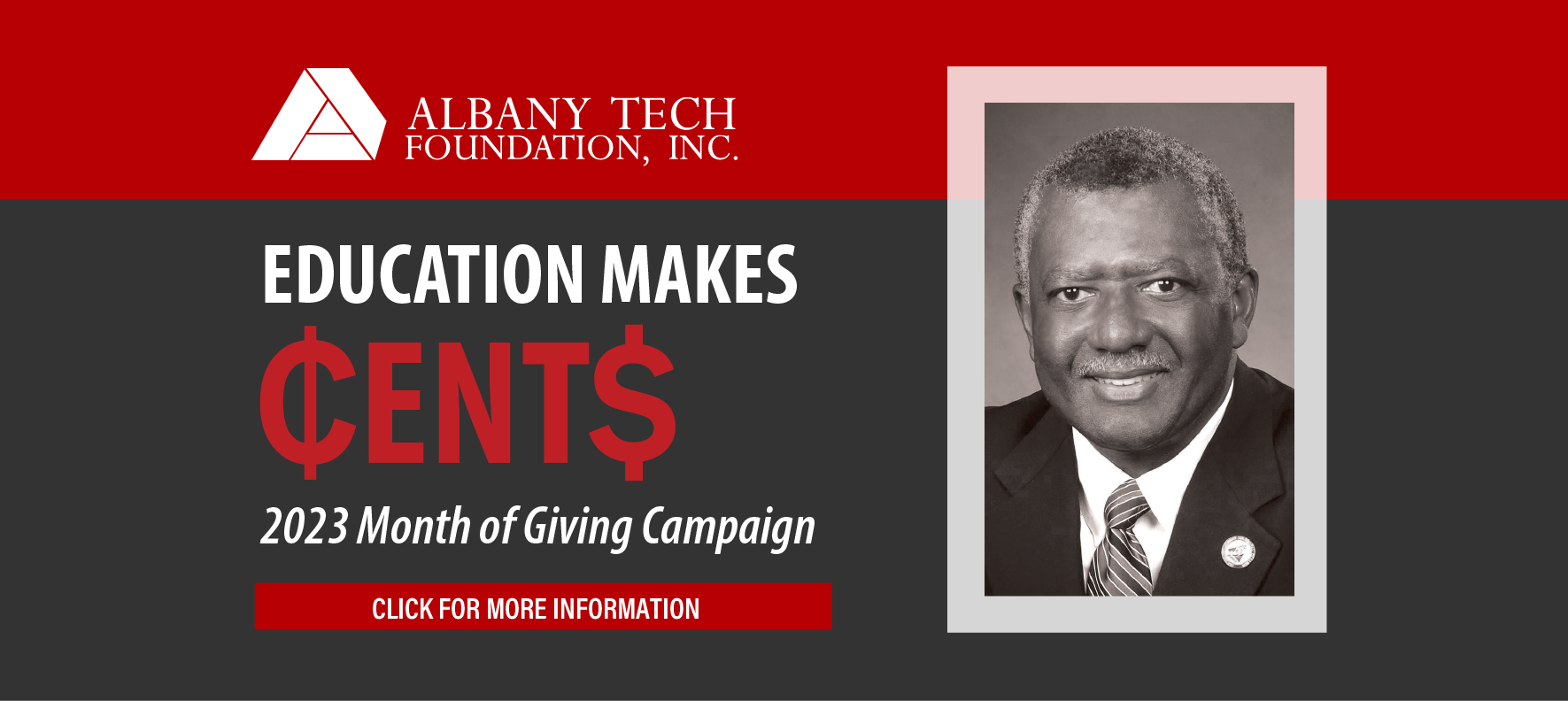 Albany Tech Foundation Inc. Education Makes Cents graphic with photo of Dr. Parker.  