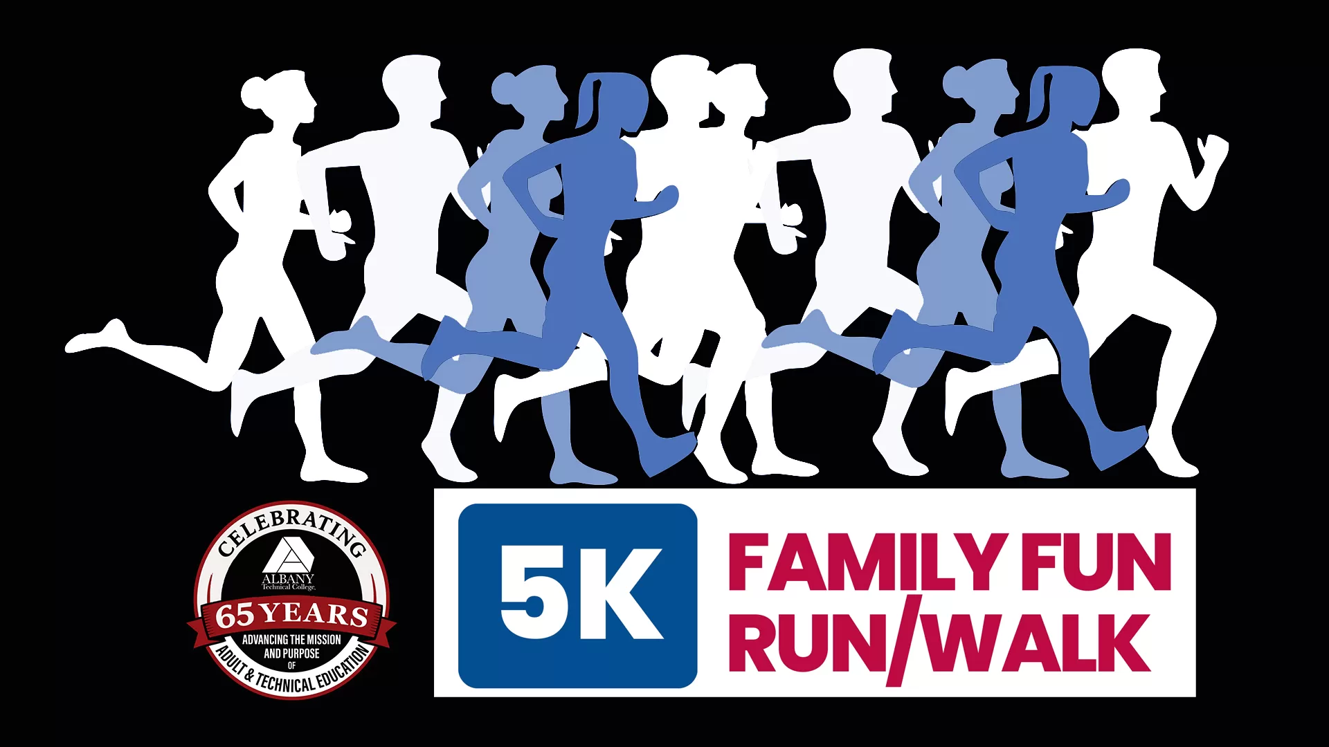 5k Walk Run graphic with vector graphic of sillouettes of people running.