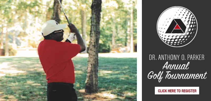 Dr. Anthony O. Parker Annual Golf Tournament logo and picture of Dr. Parker playing golf.