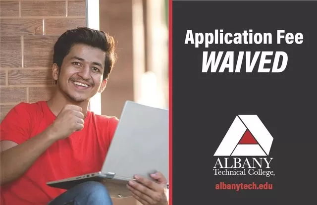 Graphic stating Application Fee Waived with photo of a Hispanic young man sitting with his laptop opened.