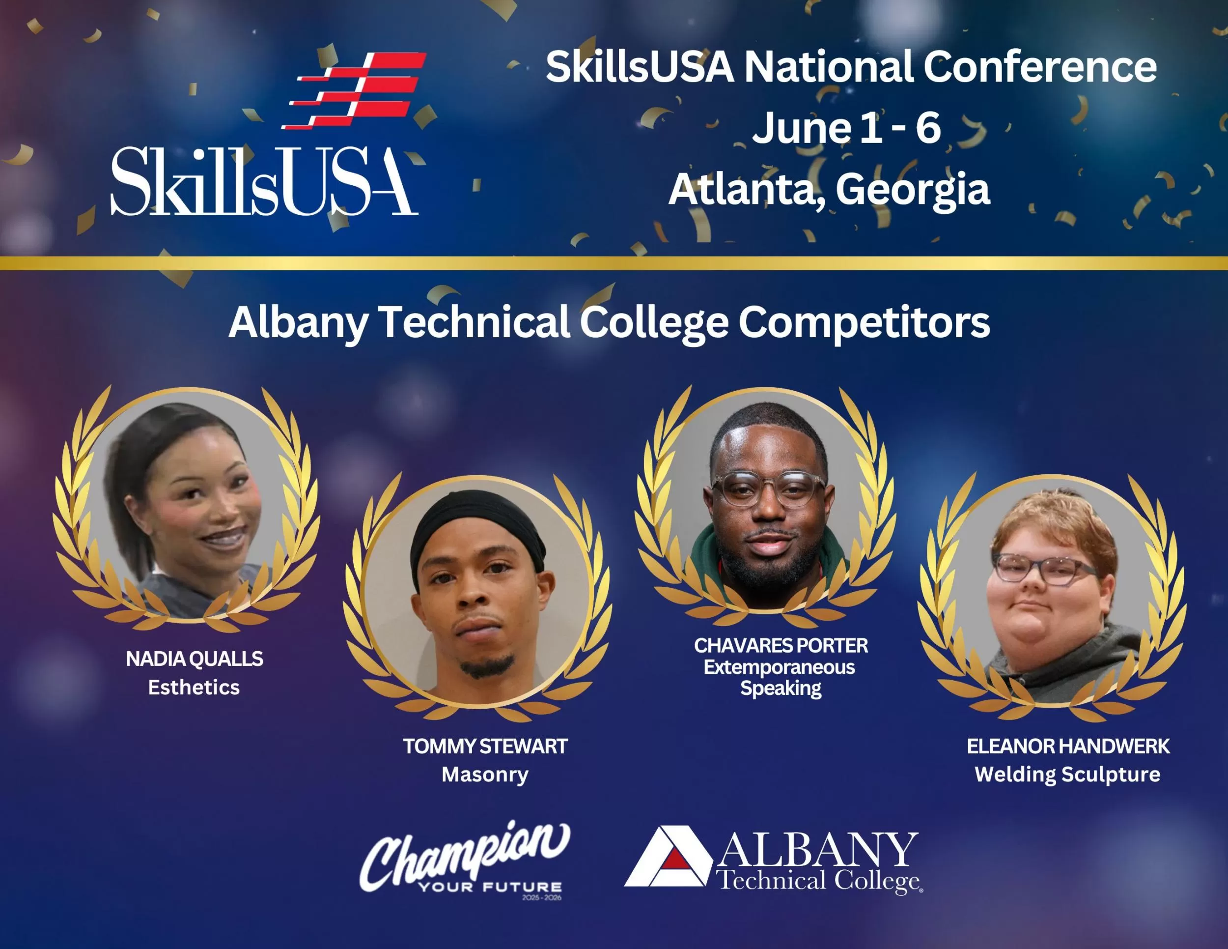 ATC Skills USA Team, Nadia Qualls, Tommy Stewart, Chavares Porter and Eleanor Handwerk.