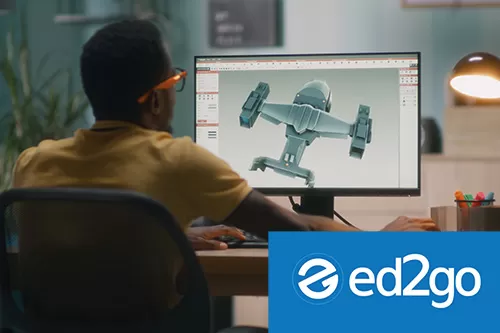 Edge2Go Career Training. Young black man designing a 3D plane on a computer.