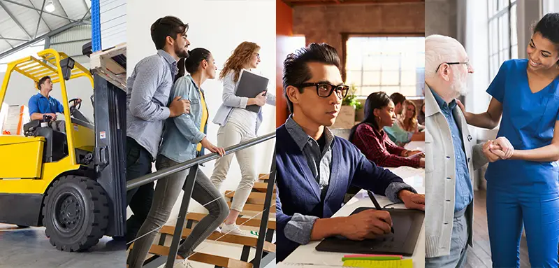 Forklift driver, real estate agent and buyers, graphic designer at desk and nurse assisting elderly man.