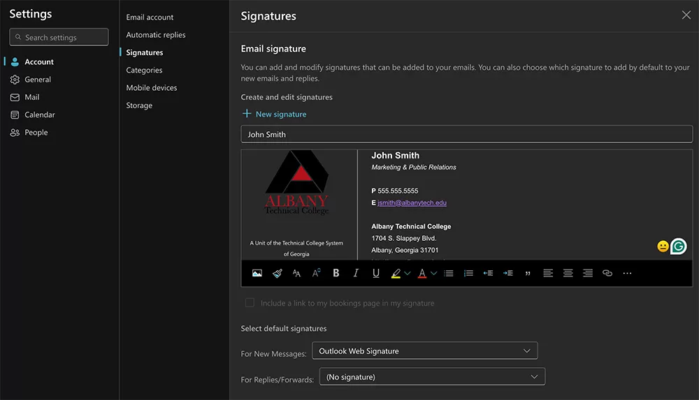 Outlock web Signature settings